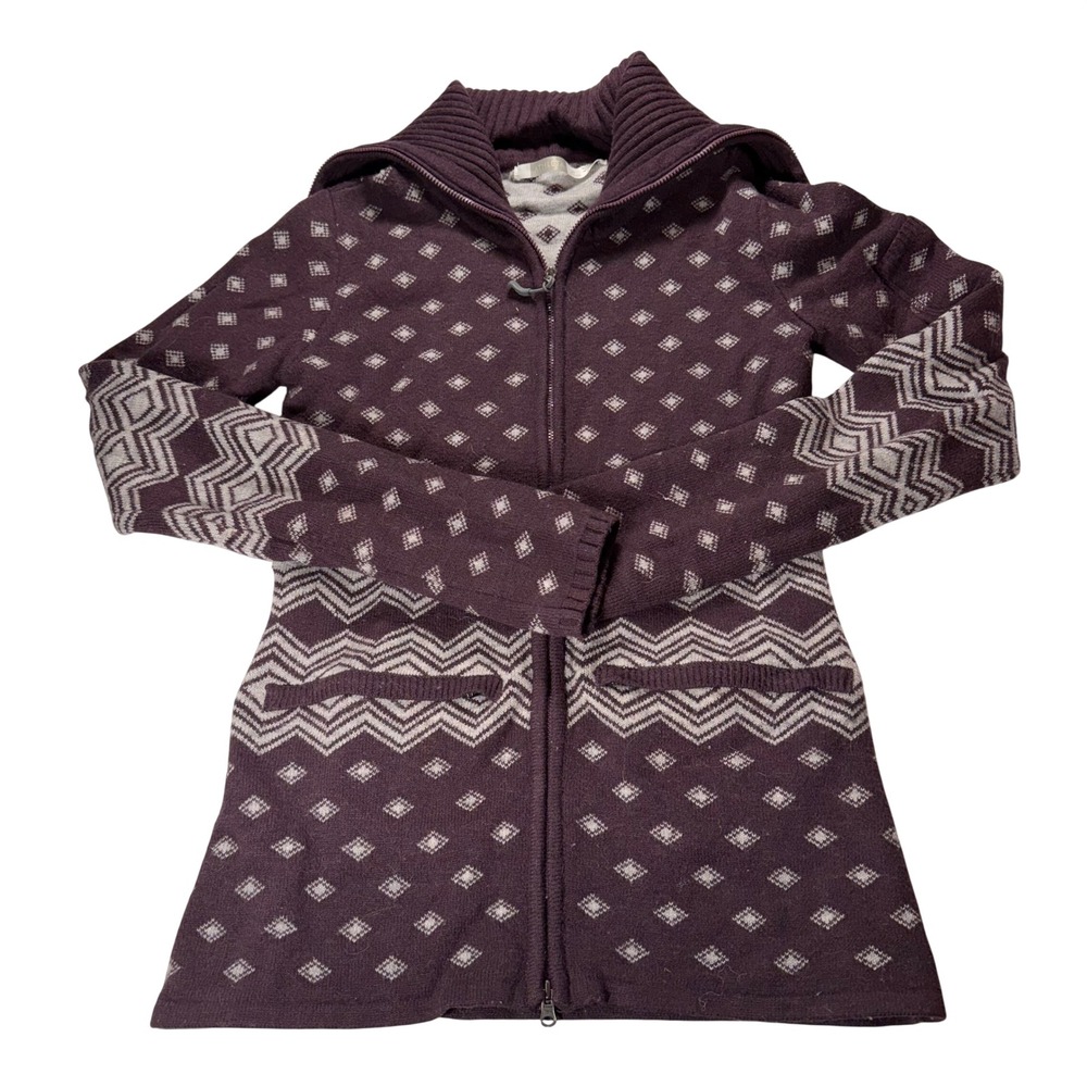 Athleta Womens XS‎ Purple Fair Isle Full Zip Knit Cardigan Sweater Wool Teton
